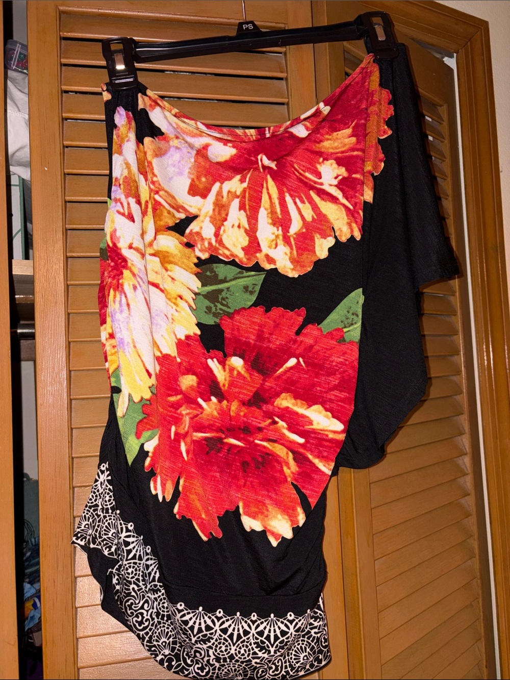 Moa Moa Black One-Shoulder Top with Red & Orange Floral Print